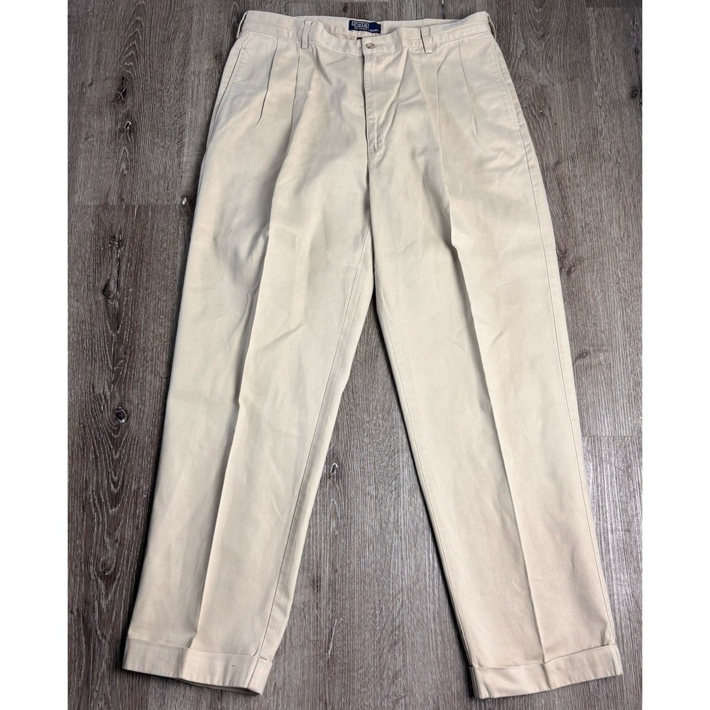 Vtg Polo Ralph Lauren Hammond Pants 38x32 (Fits 36x31)‎ Beige Pleated Cuff Chino